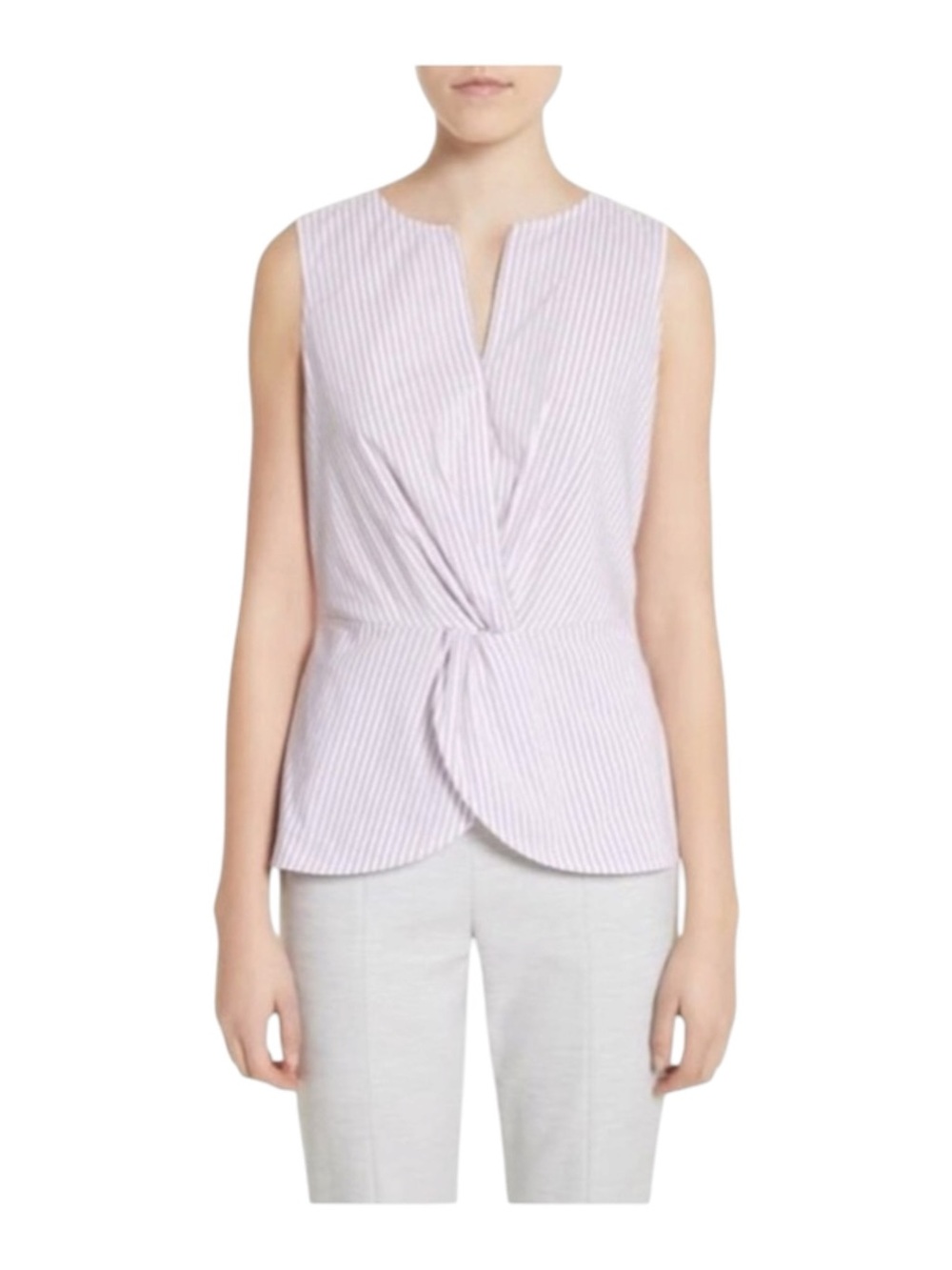 new St John ❉ Pinstripe Twist Front Sleeveless Surplice Top ❉ Orchid Stripe ❉ M - Picture 3 of 16